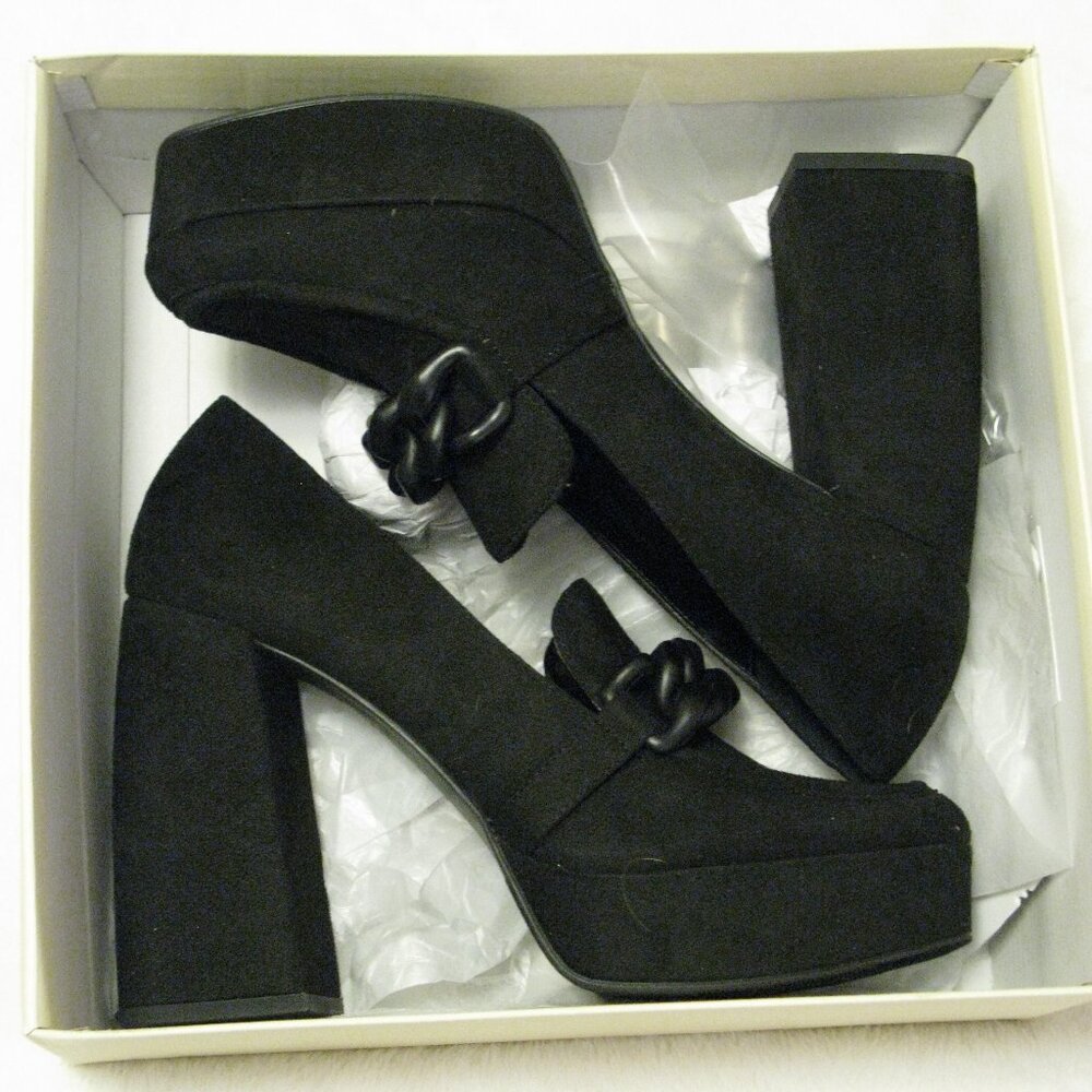Nordstrom Black Platform Chain-Accent Block Heel Pumps